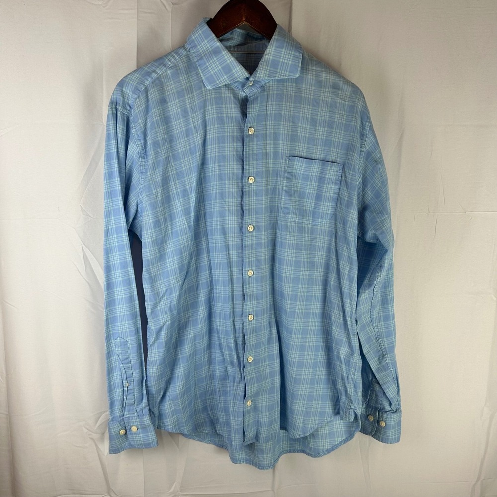 Peter Millar Button Down Shirt Mens Large Blue Plaid Cotton MS23W14LTS